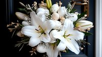Elegant white lily bouquet with baby's breath and decorative eggs, featuring oriental lilies and natural elements against dark background. Perfect for Easter season.