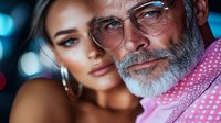 Mature bearded man in glasses and pink polka dot shirt with young woman in evening makeup against blurred blue lights background. Intergenerational relationship concept.