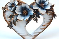 Elegant heart-shaped glass bowl with blue metallic flowers and bronze leaves, romantic decorative centerpiece for home decor and special occasions.