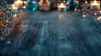 Rustic wooden table with glowing candles and festive decorations creating cozy holiday atmosphere. Blurred bokeh lights and winter ornaments in dark teal tones.
