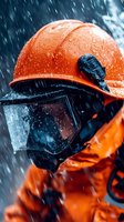 Orange safety helmet and protective visor with water drops in heavy rain, dramatic lighting highlights industrial safety equipment and harsh weather conditions.