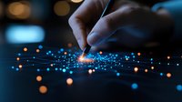 Glowing network connections with orange and blue light dots spreading from finger touch point on dark background, representing digital transformation and connectivity.