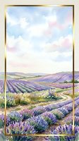 Lavender field landscape with rolling hills, blooming purple flowers, and soft pastel sky framed by gold border, suitable for wall art and home decor.