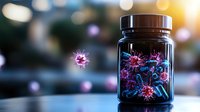 Microscopic virus particles in glass jar with blue and pink glow on blurred background, scientific medical research concept visualization for healthcare articles.