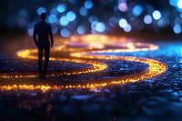 Silhouette of man standing on glowing spiral path with magical bokeh lights in dark background, creating mystical and inspirational atmosphere.