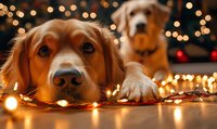 Golden Retriever dogs lying on floor with glowing Christmas lights, close up portrait showing curious expression and warm bokeh background for holiday mood.