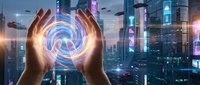 Hands holding glowing digital energy sphere with futuristic cityscape background. Technology innovation concept for business presentations and tech designs.