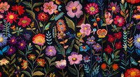Vibrant floral pattern with pink, red, and orange wildflowers on dark background. Lush green foliage and delicate stems create whimsical garden arrangement. Seamless repeat for fabric.