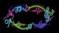 Colorful neon music notes and sound waves forming circular frame on black background for audio production, entertainment industry design projects.
