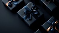 Elegant black gift boxes with luxurious satin bows arranged diagonally on dark background creating dramatic lighting and sophisticated holiday atmosphere.