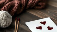 Cozy winter composition with knitted wool ball, burgundy scarf, wooden pencils and red hearts on white paper against dark wooden background. For Valentine cards.