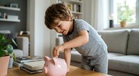 Young boy saving money in pink piggy bank at home teaching financial literacy and responsibility for children's future planning.