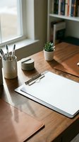 Minimalist wooden desk workspace with clipboard, succulent plant, and office supplies in natural sunlight for productivity and organization.