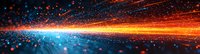 Abstract background with glowing orange and blue light particles streaming across dark surface creating dynamic motion effect and dramatic atmosphere.