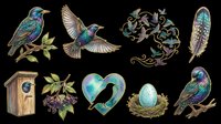 Colorful hummingbirds and nature elements isolated on transparent background, ready for t-shirt design, clipart, stickers, sublimation, print-on-demand products and digital crafts.