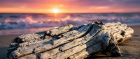 Weathered driftwood logs rest on sandy beach at golden hour sunset, with soft waves and colorful sky in background. Perfect for nature and coastal design projects.