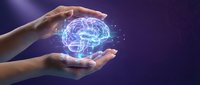 Protective hands surrounding glowing digital brain with neural networks on purple background representing mental health care and cognitive protection.