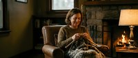 Woman with gray hair sitting in leather armchair by fireplace, knitting with yarn, cozy home interior with warm lighting and stone fireplace.
