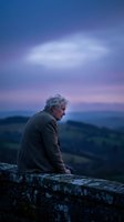 Elderly Caucasian man sitting alone on stone wall during twilight hour with dramatic purple sky and rolling hills in background for contemplation themes.