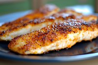 Grilled salmon fillets with crispy caramelized crust and golden-brown surface served on blue plate, close-up view showing juicy flaky texture and seasoned exterior.