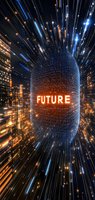 Abstract digital tunnel with glowing orange "FUTURE" text surrounded by blue wireframe structure and light beams radiating outward against dark background.