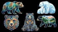 Decorative bear sticker set with five ornate designs isolated on transparent background, ready for t-shirt design, clipart, sublimation, and print on demand use.