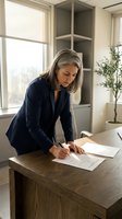 Mature businesswoman with gray hair signing documents at wooden desk in modern office with natural light from windows.