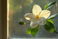 Delicate white magnolia flower in soft morning light with green leaves against blurred natural background, creating serene botanical atmosphere.