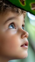 Close-up profile portrait of young caucasian child with bright blue eyes looking up with wonder against blurred green natural background, showing pure innocence and curiosity.