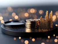 Stack of golden coins and glittering cityscape silhouette on dark surface with bokeh lights background, representing wealth, investment and urban financial growth.