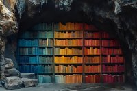 Colorful rainbow bookshelf arranged in spectrum order inside natural cave formation, creating striking contrast between literature and raw geology.