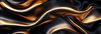 Luxurious black and copper metallic waves create dramatic flowing pattern with glossy reflective surface. Abstract background design with elegant contrast.
