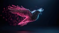 Glowing digital bird with pink and blue particle effects flying through dark space, wireframe dove silhouette dissolving into luminous fragments against black background.