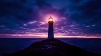 Glowing lighthouse beacon illuminates dramatic purple twilight sky with scattered clouds over dark ocean horizon, creating atmospheric coastal scene.