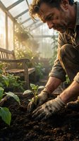 Middle-aged Caucasian male gardener carefully planting seedlings in greenhouse soil with warm sunlight streaming through glass panels creating peaceful atmosphere.