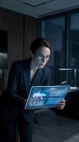 Professional woman in business attire analyzing financial data on digital tablet in modern office environment for corporate analytics and technology concepts.