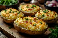 Baked potato halves stuffed with creamy mashed potatoes, melted cheese, crispy bacon bits and fresh herbs served on wooden cutting board for dinner menu.