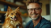 Smiling mature Caucasian man with glasses and gray beard poses with happy Pomeranian dog at veterinary clinic, showing bond between pet owner and companion animal.