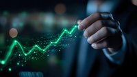 Businessman hand drawing glowing green upward arrow chart showing financial growth and success in digital technology interface for business analytics.