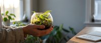 Hands holding glass terrarium with green moss and small plants in bright modern home interior with natural window light for eco-friendly decor projects.