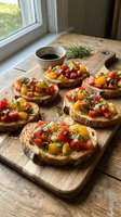 Toasted bread slices topped with diced tomatoes, bell peppers, and fresh herbs arranged on wooden board near window with balsamic reduction for appetizer or bruschetta preparation.