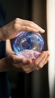 Hands protecting holographic globe with network connections representing global communication, data protection, cybersecurity and digital transformation concepts.