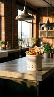 Industrial kitchen interior with metal colander filled with fresh vegetables on concrete counter under pendant lighting in modern loft space.