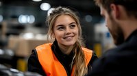 Young female warehouse worker in orange safety vest smiling during conversation with colleague in distribution center storage facility. Natural workplace interaction.