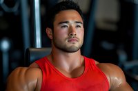 Athletic Asian male bodybuilder in red tank top resting between sets at gym, displaying confident expression and muscular physique in dramatic lighting.
