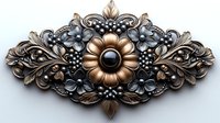 Ornate metallic floral brooch design featuring silver and bronze elements with central flower and intricate baroque scrollwork on isolated background for jewelry design.