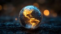 Glowing digital Earth globe showing Americas with connected network lines on dark textured surface, illuminated by warm bokeh lights in background.