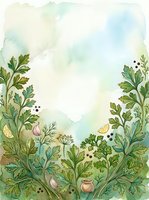 Watercolor botanical frame with lush green foliage, delicate flowers, and berries arranged on left and right sides, creating open space for text or design. Soft pastel background in cream and blue tones.
