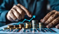 Financial growth concept with stacked coins and rising blue arrow, perfect for business investment, wealth management and economic success themes.