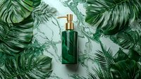 Green marble cosmetic bottle with gold pump dispenser surrounded by tropical monstera leaves and water splash effect on light background. Luxury skincare concept.